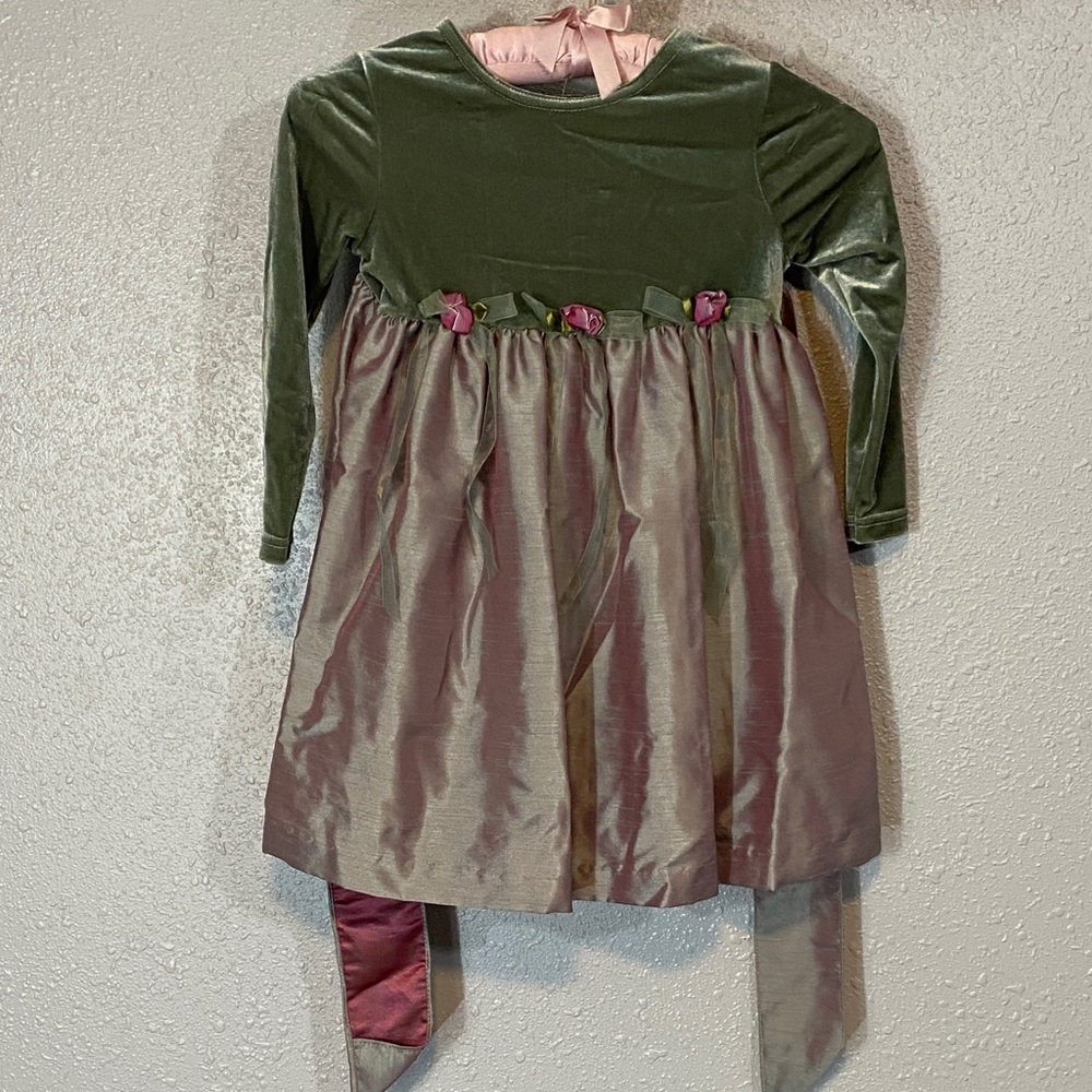 VNTG Bonnie Jean Velvet Green and Pink Kids Dress